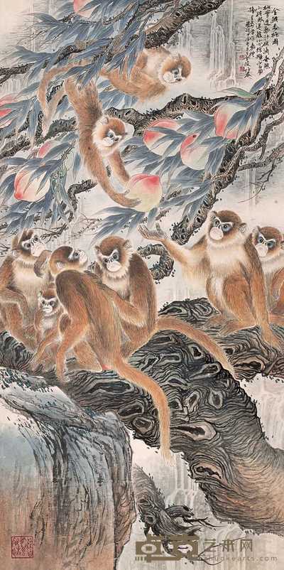 徐培晨  金猴寿桃园 立轴 131.5×65.5cm